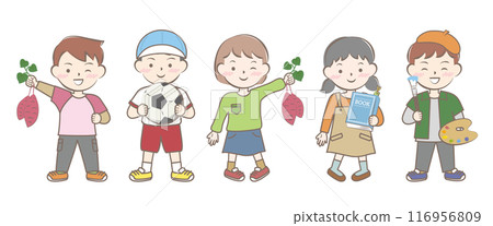 Children's autumn activities: digging sweet potatoes, sports, reading, art Children's autumn activities: digging sweet potatoes, sports, reading, art 116956809