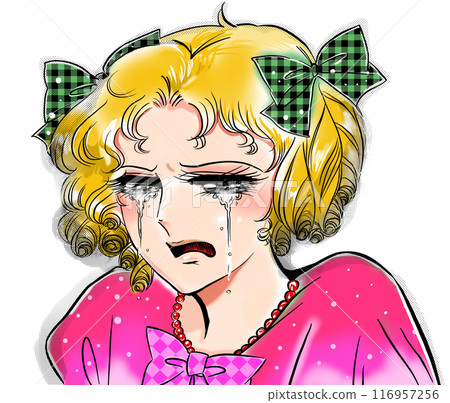 一幅 70 年代女孩漫畫風格的金髮女士因破碎的心而哭泣的插圖。 一幅 70 年代女孩漫畫風格的金髮女士因破碎的心而哭泣的插圖。 116957256