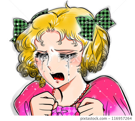 An illustration of a 70s manga-style blonde young lady crying over a broken heart An illustration of a 70s manga-style blonde young lady crying over a broken heart 116957264