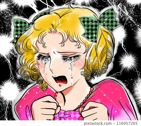 Illustration of a 70s manga-style blonde young lady crying over a broken heart, with lightning background Illustration of a 70s manga-style blonde young lady crying over a broken heart, with lightning background 116957265