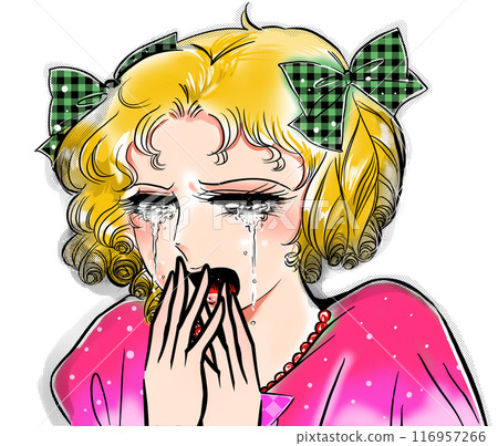 An illustration of a 70s manga-style blonde young lady crying over a broken heart 116957266