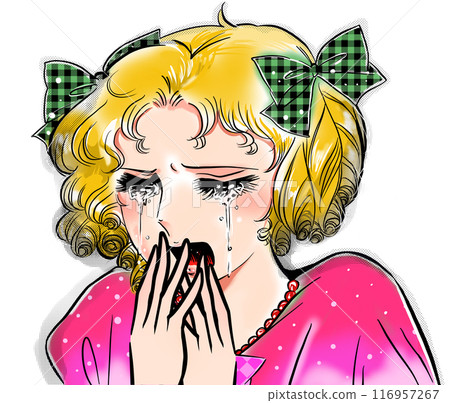 一幅 70 年代女孩漫畫風格的金髮女士因破碎的心而哭泣的插圖。 116957267