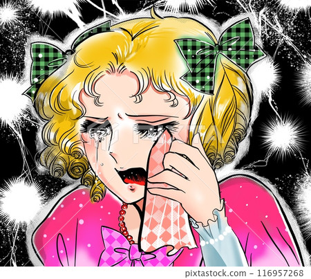 70 年代的卡通風格插圖，一位金髮女士因破碎的心和閃電背景而哭泣 116957268
