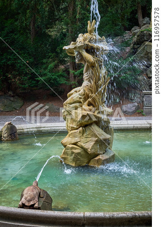 Statue of Neptune and Grotta fountain in Grebovka Havlickovy sady gardens in Vinohrady district in Prague, capital of Czech Republic 116957578
