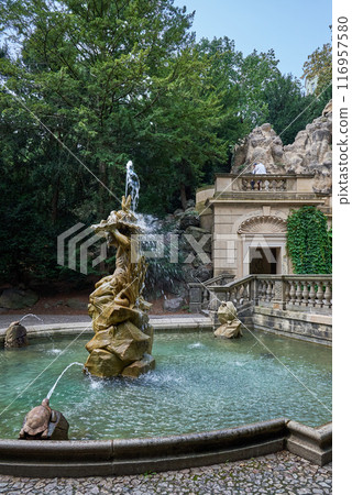 Statue of Neptune and Grotta fountain in Grebovka Havlickovy sady gardens in Vinohrady district in Prague, capital of Czech Republic Statue of Neptune and Grotta fountain in Grebovka Havlickovy sady gardens in Vinohrady district in Prague, capital of Czech Republic 116957580