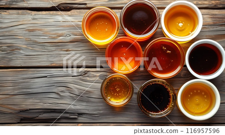 Various pots of honey on a rustic table, showcasing shades from light amber to dark molasses, each glowing. 116957596