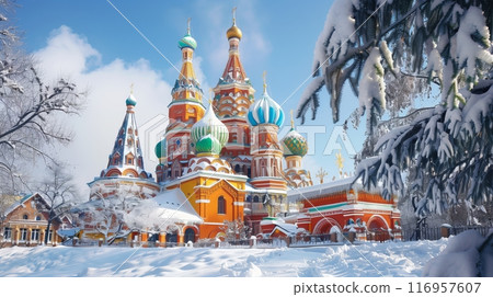 A vividly colored Russian cathedral stands majestically against a wintry backdrop, showcasing its vibrant hues. 116957607