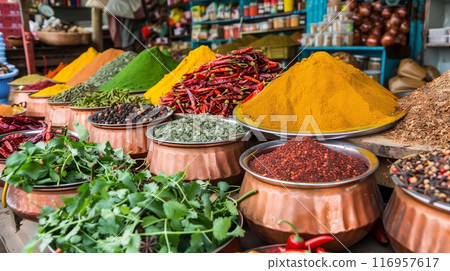 A vibrant Indian spice market showcases colorful spices, chilies, and fresh herbs in large copper bowls. 116957617