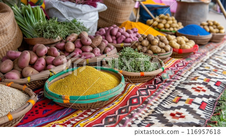 A vibrant Peruvian market in the Andes displays quinoa, multi-colored potatoes, and herbs on woven blankets. 116957618