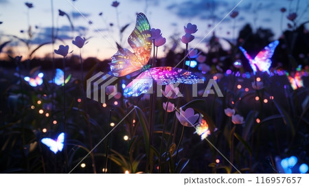 Spring meadow festival with bioluminescent flowers and holographic butterflies, creating a dreamy light field. 116957657