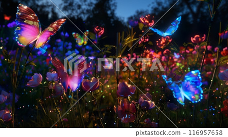 A spring meadow festival with bioluminescent flowers and holographic butterflies creates a dreamlike wonder. 116957658