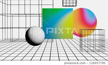 Colorful Abstract 3D Geometric Shapes on Grid Background with Sphere and Cube Colorful Abstract 3D Geometric Shapes on Grid Background with Sphere and Cube 116957700