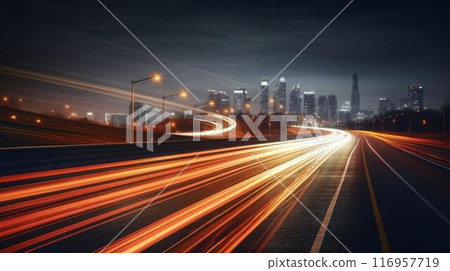 Curving highway with light trails at night Curving highway with light trails at night 116957719