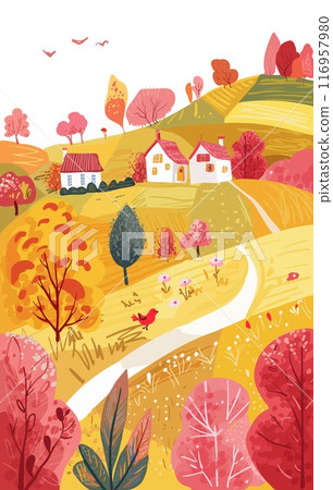 Vertical poster with autumn cards. Landscape hills. Nice house. Invitation to the sale. Magazine and book cover. 116957980