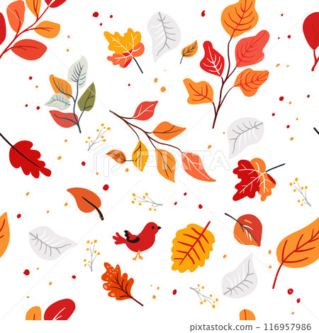 Seamless pattern autumn leaves folk. Red branches and orange plants. Red bird. Rich ornament. Hand drawn, Flat vector 116957986