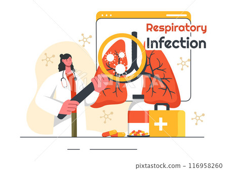Vector Illustration of Respiratory Infection and Inflammation in the Lungs Caused by Virus Cells on a Background in Healthcare and Medical Concept 116958260