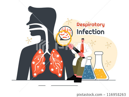 Vector Illustration of Respiratory Infection and Inflammation in the Lungs Caused by Virus Cells on a Background in Healthcare and Medical Concept Vector Illustration of Respiratory Infection and Inflammation in the Lungs Caused by Virus Cells on a Background in Healthcare and Medical Concept 116958263