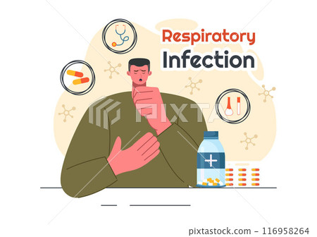 Vector Illustration of Respiratory Infection and Inflammation in the Lungs Caused by Virus Cells on a Background in Healthcare and Medical Concept 116958264