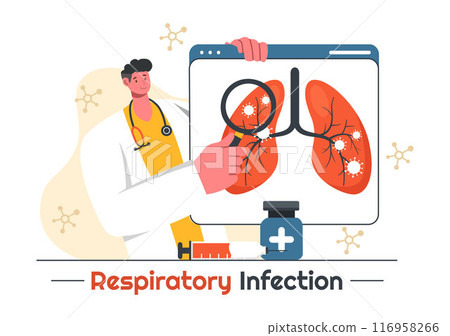 Vector Illustration of Respiratory Infection and Inflammation in the Lungs Caused by Virus Cells on a Background in Healthcare and Medical Concept Vector Illustration of Respiratory Infection and Inflammation in the Lungs Caused by Virus Cells on a Background in Healthcare and Medical Concept 116958266