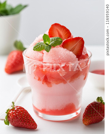 Strawberry milk flavored shaved ice in a glass 116959140