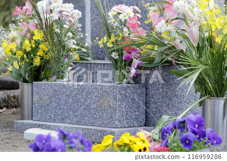 Tombstone on the grave Buddha flower 116959286
