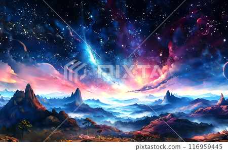 銀河流過神秘的紅藍天空，無數星星閃耀。從山頂看到的黎明前風景的插圖。 116959445