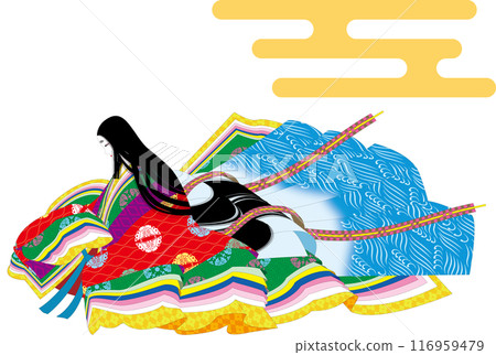 An illustration of a woman in profile wearing a twelve-layered kimono. The national costume of Japanese aristocrats. 116959479