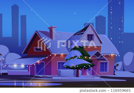 Man in Christmas hat peers out from house Man in Christmas hat peers out from house 116959665
