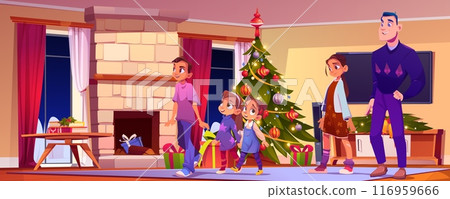 Smiling kids and man in living room on Christmas 116959666