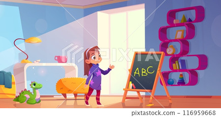 Little kid girl in kindergarten classroom 116959668