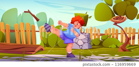 Kid boy break tree branch using karate kick 116959669