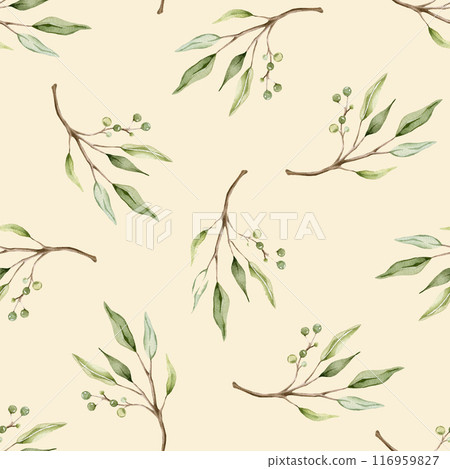 Seamless pattern with green eucalyptus leaves and green berry. Botanical natural print for textile design. Watercolor isolated illustration on light orange background. Seamless pattern with green eucalyptus leaves and green berry. Botanical natural print for textile design. Watercolor isolated illustration on light orange background. 116959827