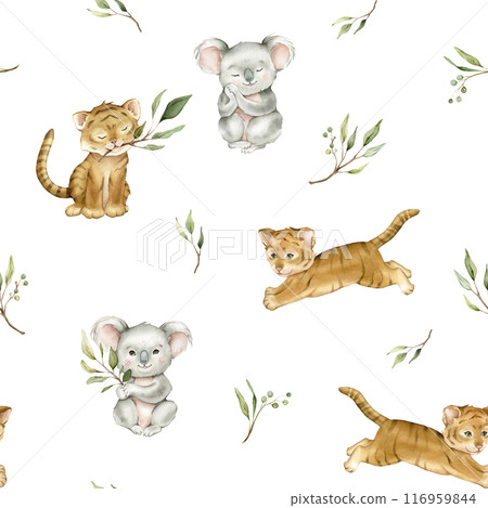 Seamless pattern with green eucalyptus leaves and cute tiger and koala. Watercolor isolated illustration on white background. Cartoon kids print with animals minimalist scandinavian style. 116959844
