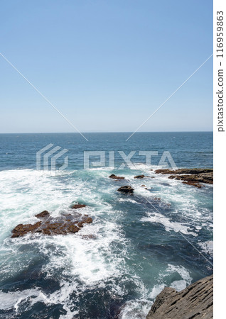 海浪拍打著神奈川縣城島海岸的岩石 116959863