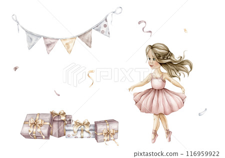 Watercolor Air Balloons and confetti and ballerina on isolated background. Hand drawn illustration for greeting cards for girls. Template Happy birthday with gifts and girlande flags on pastel colors 116959922