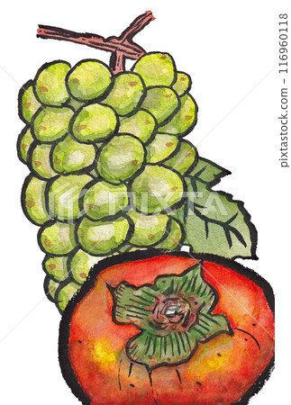 Hand-painted watercolor painting (etegami) "Shine Muscat" and "Ripe Persimmon" 116960118