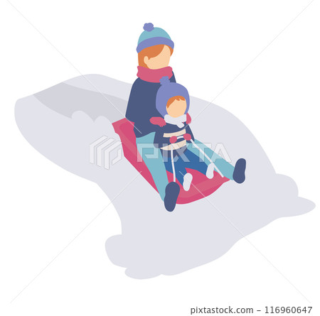 父母和孩子在雪橇上玩耍的等距插圖 116960647