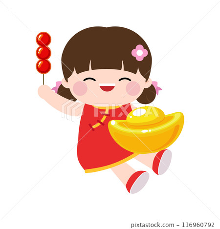 Cute girl with tanghulu and gold ingot for Chinese new year celebration Cute girl with tanghulu and gold ingot for Chinese new year celebration 116960792