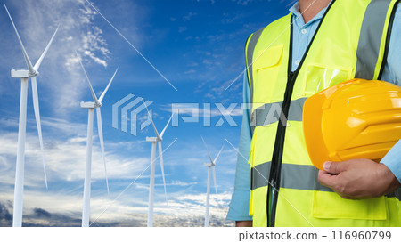 Picture of One Engineer working at windmill farm Generating electricity clean energy. Wind turbine farm generator by alternative green energy. Engineer checking control electric power. 116960799