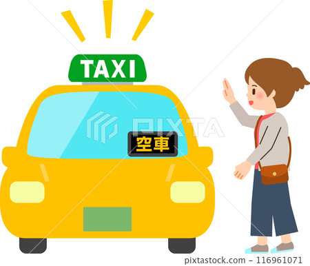A woman raising her hand to call a taxi A woman raising her hand to call a taxi 116961071