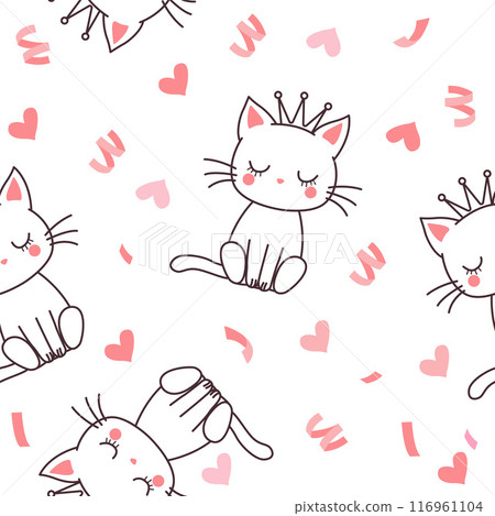 Seamless Pattern of Cute Cat Queen Wearing Crown with Pink Paper Confetti Decoration Seamless Pattern of Cute Cat Queen Wearing Crown with Pink Paper Confetti Decoration 116961104
