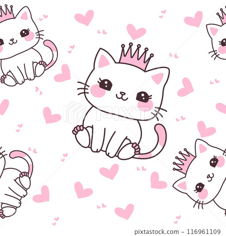 Seamless Pattern of Cute Cat Wearing Crown with Pink Love Decoration 116961109