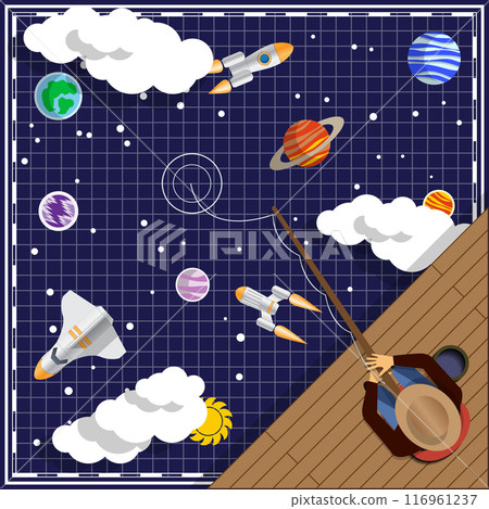 Fisherman on the edge of cosmos. View from above. Vector illustration. Fisherman on the edge of cosmos. View from above. Vector illustration. 116961237