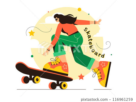 Skateboard Vector Illustration with Skateboarders Jumping on a Springboard in a Skatepark in Extreme Sports on Flat Style Cartoon Background Skateboard Vector Illustration with Skateboarders Jumping on a Springboard in a Skatepark in Extreme Sports on Flat Style Cartoon Background 116961259