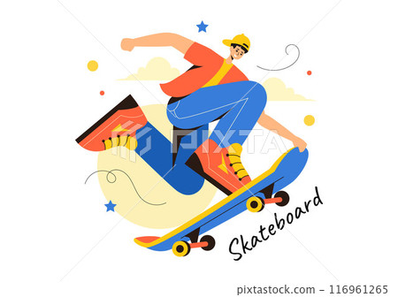 Skateboard Vector Illustration with Skateboarders Jumping on a Springboard in a Skatepark in Extreme Sports on Flat Style Cartoon Background Skateboard Vector Illustration with Skateboarders Jumping on a Springboard in a Skatepark in Extreme Sports on Flat Style Cartoon Background 116961265