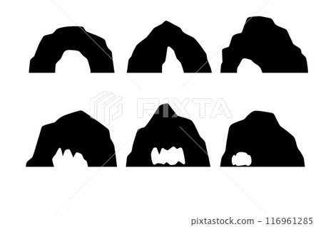 Cave set. Cavern tunnel in mountain icon. Prehistoric stone underground. Hole in rock. Geology black landscape. Entrance in cave Cave set. Cavern tunnel in mountain icon. Prehistoric stone underground. Hole in rock. Geology black landscape. Entrance in cave 116961285