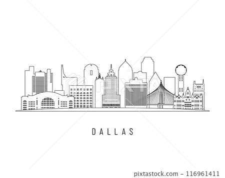 Detailed Dallas skyline vector illustration. Dallas buildings in line art style, perfect for modern designs. 116961411