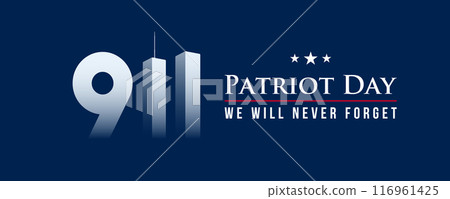 Patriot Day banner, twin towers icon, dark blue, stars, remembra 116961425