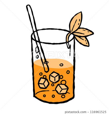 Orange juice sticker. Glass with fruit martini alcohol cocktail. Fresh citrus summer juice with straw. Tropical cartoon bar beverage drink 116961525