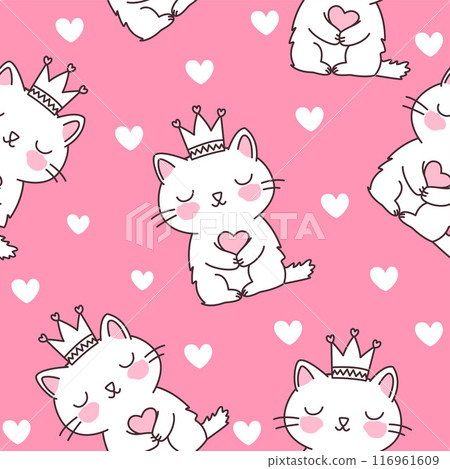 Seamless Pattern of Cute Love Cat Queen Wearing Crown on Pink Background Seamless Pattern of Cute Love Cat Queen Wearing Crown on Pink Background 116961609